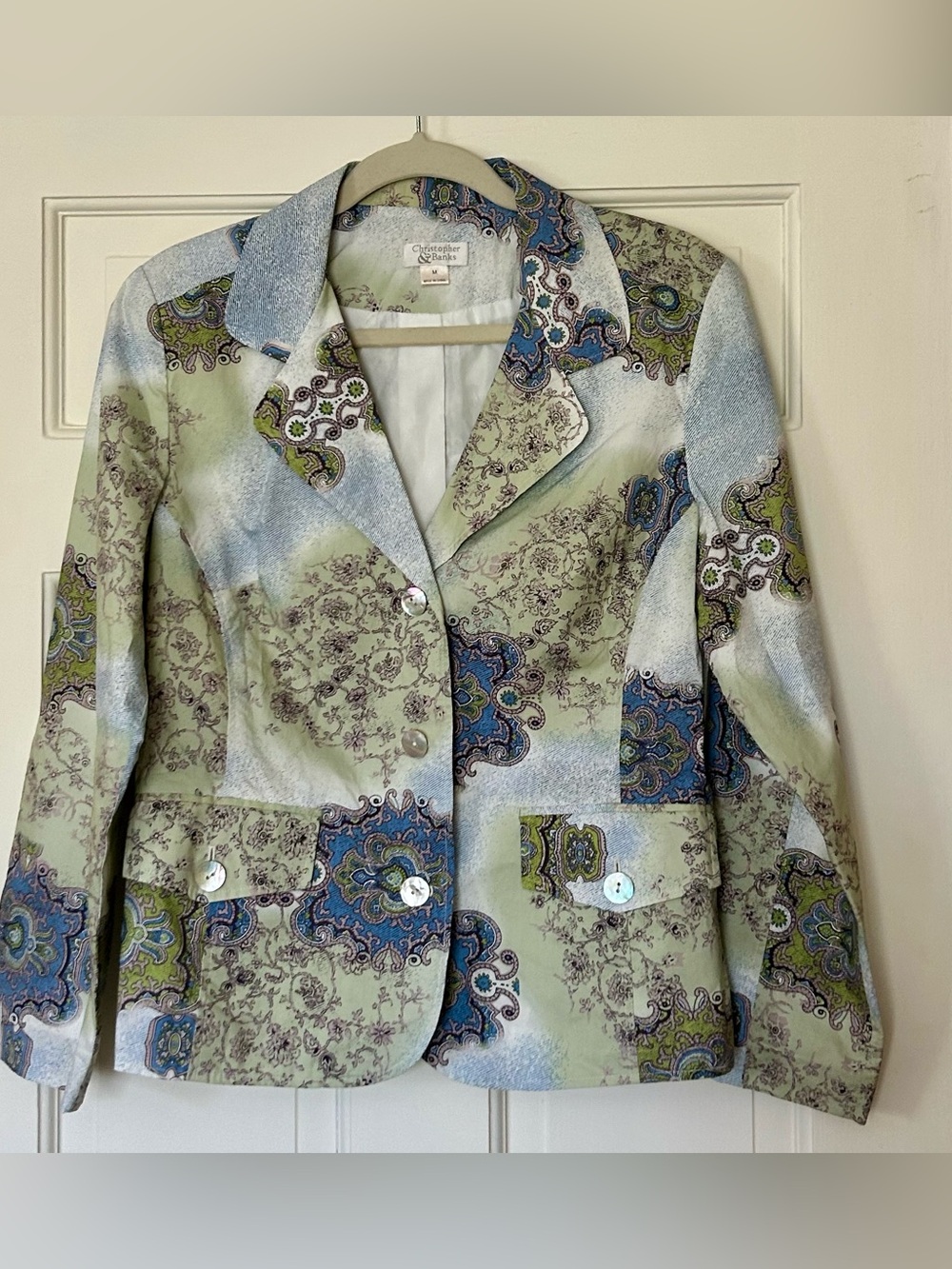 Christopher & Banks Green and Blue Paisley Patchwork Lined Blazer Medium
